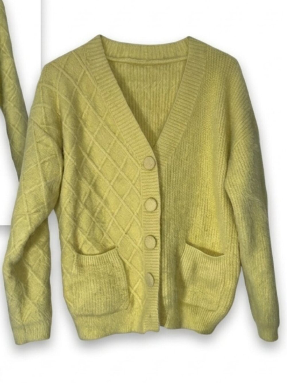 VTG Pastel Yellow Fuzzy Knit Cardigan - Diamond Cable Weave V-Neck SMALL